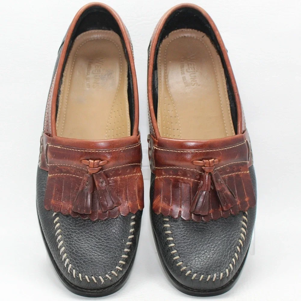 GH Bass Weejuns Mens 10D Black Brown Pebbled Leather Tassel Kiltie Loafers‎ 0035